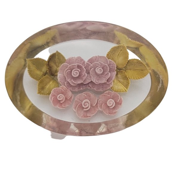 Unbranded Jewelry - Vintage Clear Lucite Resin Reversed Carved Pink Rose Flower Oval Brooch Pin E269